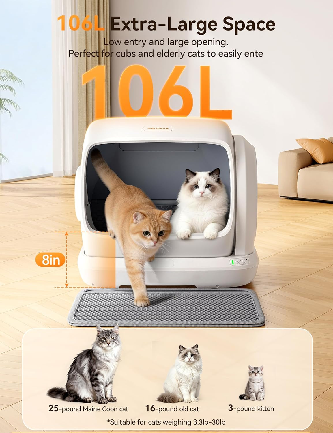 meowant-self-cleaning-cat-litter-box-106l-extra-large-space-low-entrance-automatic-cat-litter-box-perfect-for-multiple-cats-safety-sensor-anti-pinch-app-control-odor-free-with-mat-liner