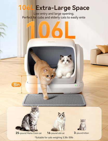 Meowant Self-Cleaning Cat Litter Box, 106L Extra-Large Space Low Entrance Automatic Cat Litter Box Perfect for Multiple Cats, Safety Sensor, Anti-Pinch, APP Control, Odor Free with Mat & Liner2