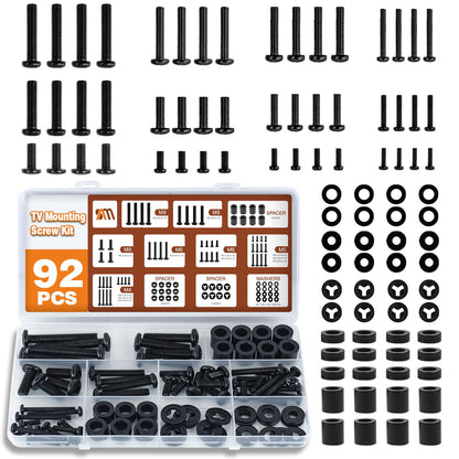 92PCS TV Mounting Hardware Screw Kit, M4 M5 M6 M8 Screws | Includes Spacers and Washers for Most TV / Monitor VESA Mount, TV Mount Replacement Screws with Box up to 80", Black1