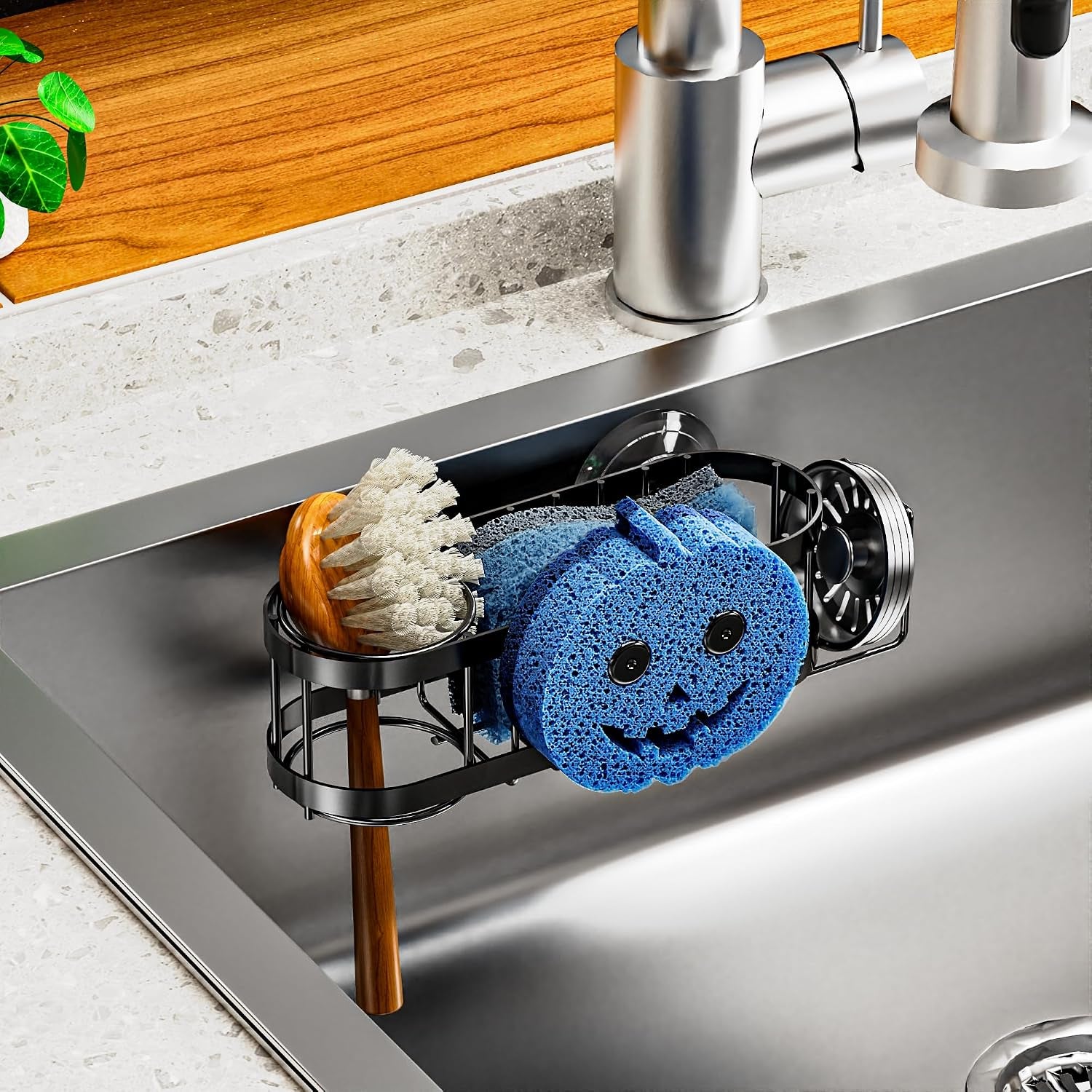 sponge-holder-smiley-face-sink-caddy-for-kitchen-sink-kitchen-organizer-sponge-holder-with-2-pcs-suction-cups-and-adhesive-strips-designed-for-sponge-soap-dish-brush-scrubber-black