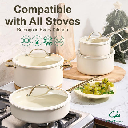 Ceramic Frying Pan with Stainless Steel Handle 5Pcs Set, Non Stick Grill Pan Set, Dishwasher and Oven Safe, Cream White and Light Gold Handle5