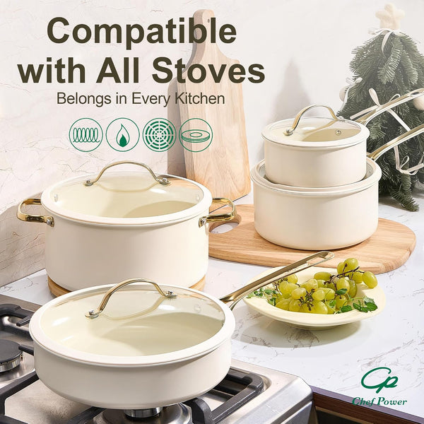 Ceramic Frying Pan with Stainless Steel Handle 5Pcs Set, Non Stick Grill Pan Set, Dishwasher and Oven Safe, Cream White and Light Gold Handle5