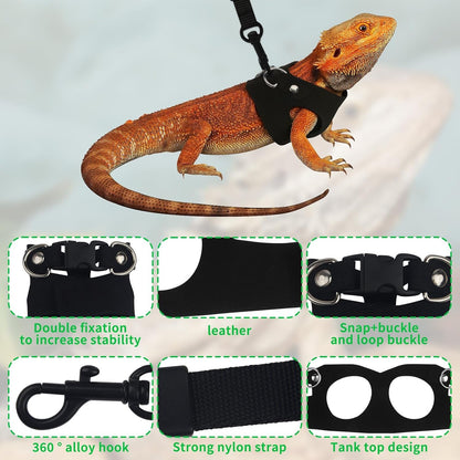 3Size Black Bearded Dragon Leash and Harness Set with Lizard Traction Rope | for Reptile, Lizard Leash/ Squirrel Harness/ Small Rabbit Traction Rope (S, M, L)3