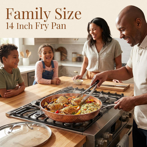 Hammered Copper 14 Inch Non Stick Frying Pan with Lid, Nonstick Frying Pan with Ceramic Coating and Induction Plate for Even Heating, Oven / Dishwasher Safe, 100% Healthy & Non Toxic | Extra Large Skillet, Induction Compatible, PFOA/PFOS/PTFE Free Ceramic Coating, Stay-Cool Handle, Oven & Dishwasher Safe4