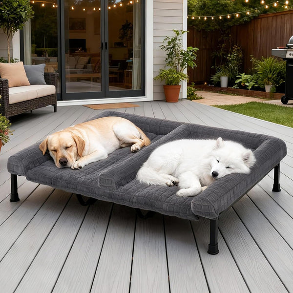 Veehoo Fluffy Plush Double Dog Couch Bed for Two Large Dogs, Washable Elevated Dog Beds with Removable Bolster Cushion, Cooling Raised Pet Cot with Breathable Mesh, No-Slip Feet, 59 X 37 Inches, Grey7