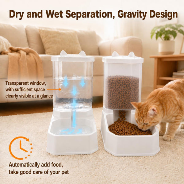 2 in 1 Gravity Pet Food Feeder and Water Dispenser for Cats & Small Dogs | 3.3L Large Capacity, BPA Free Material, Detachable & Dishwasher Safe, No Electrical Power Required3