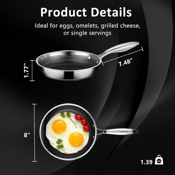 8" Hybrid Nonstick Frying Pan, Stainless Steel, Induction Safe | Pfas/Pfoa/Ptfe-Free Ceramic Pan, Dishwasher & Oven Safe, Stay-Cool Handle,Compatible with All Cooktops8
