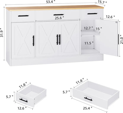 Buffet Cabinet with Storage,53.4" Large Kitchen Storage Cabinet with 3 Drawers and 4 Doors,Wood Farmhouse Buffet Sideboard with Adjustable Shelf for Kitchen Living Room, White3