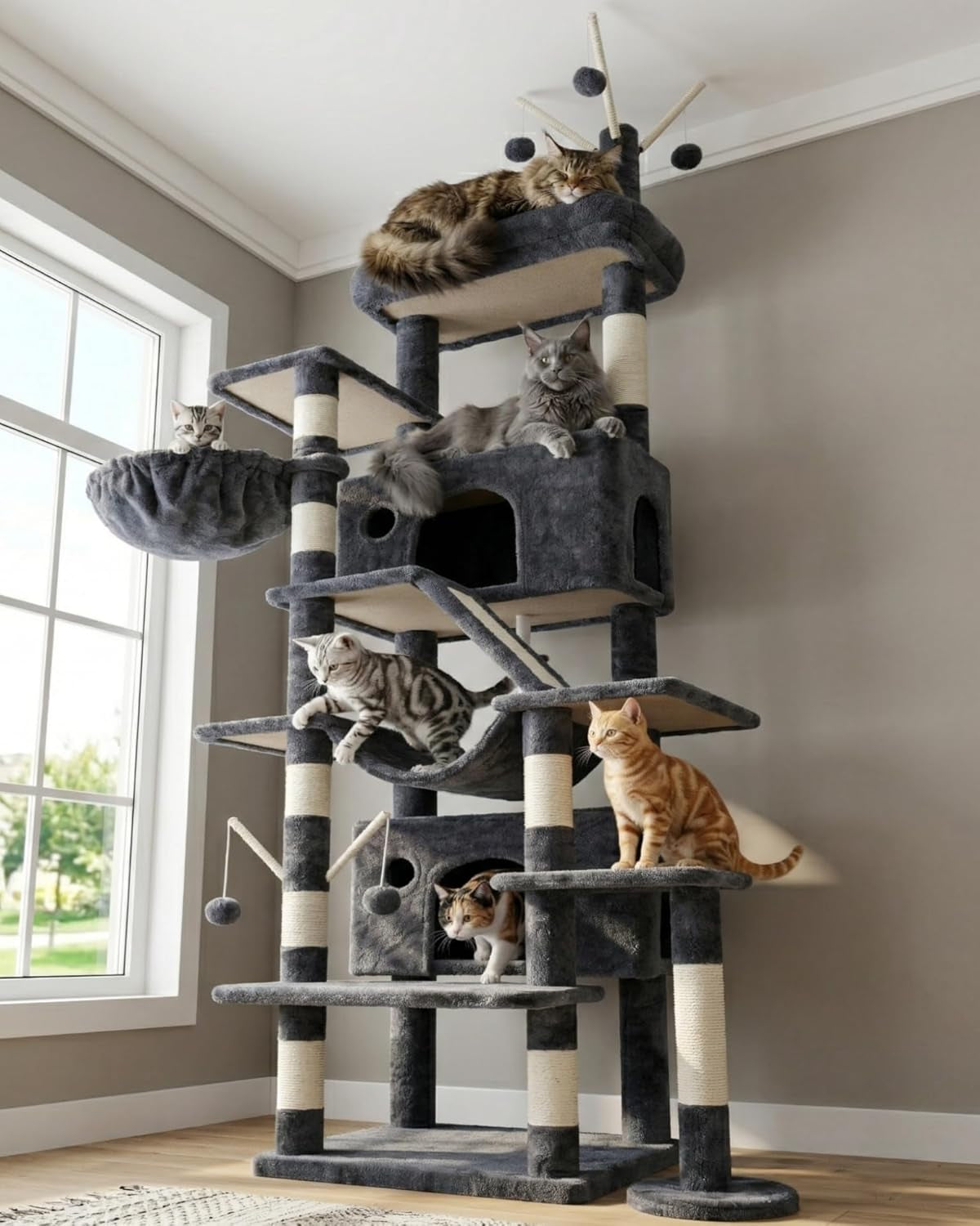 hey-brother-cat-tree-tower-with-sturdy-supporting-posts-2-condos-mpj082w-82-7-inches-multi-level-cat-tower-with-5-teaser-toys-sisal-scratching-posts-large-bed-hammock-for-indoor-cats-light-gray