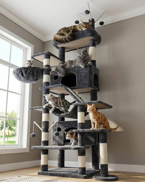 Hey-Brother Cat Tree Tower with Sturdy Supporting Posts, 2 Condos, MPJ082W- | 82.7 Inches Multi-Level Cat Tower with 5 Teaser Toys, Sisal Scratching Posts, Large Bed, Hammock for Indoor Cats, Light Gray10