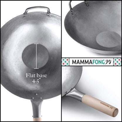 Flat Bottom Wok with Lid, Hand Hammered Carbon Steel Wok Set, 14"3