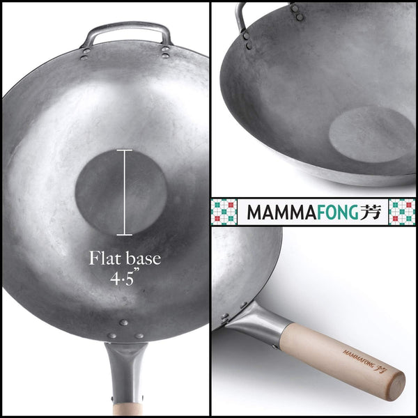 Flat Bottom Wok with Lid, Hand Hammered Carbon Steel Wok Set, 14"3