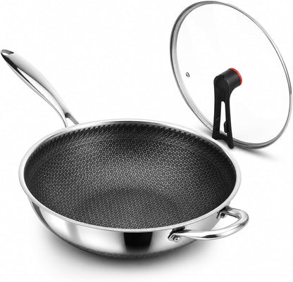 12.6 Inch Stainless Steel Honeycomb Wok Pan with Standing Glass Lid, Flat Bottom Stir Fry Pan for Induction, Gas & Electric Stoves, Physical Stick-Resistant Surface, Dishwasher Safe1