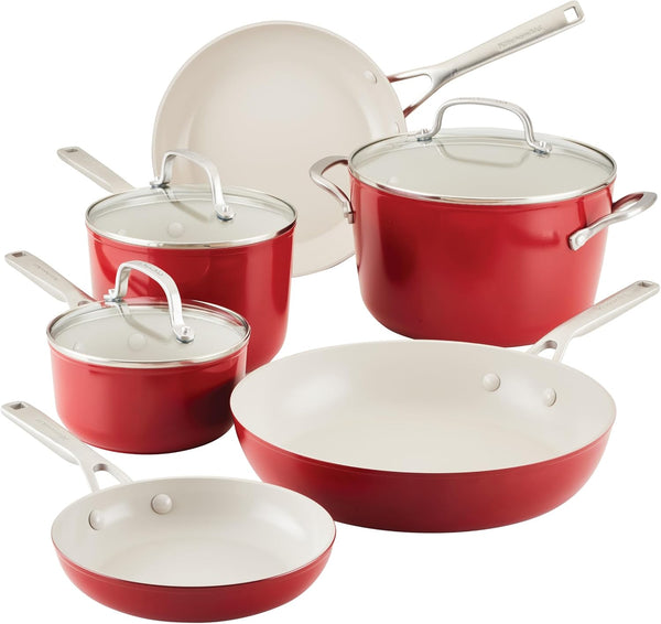 Kitchenaid Hard Anodized Ceramic 9-Piece Nonstick Cookware Set – Includes Fry Pans, Saucepan, Stockpot, Durable, Even Heating, Oven Safe to 500°F, Empire Red1