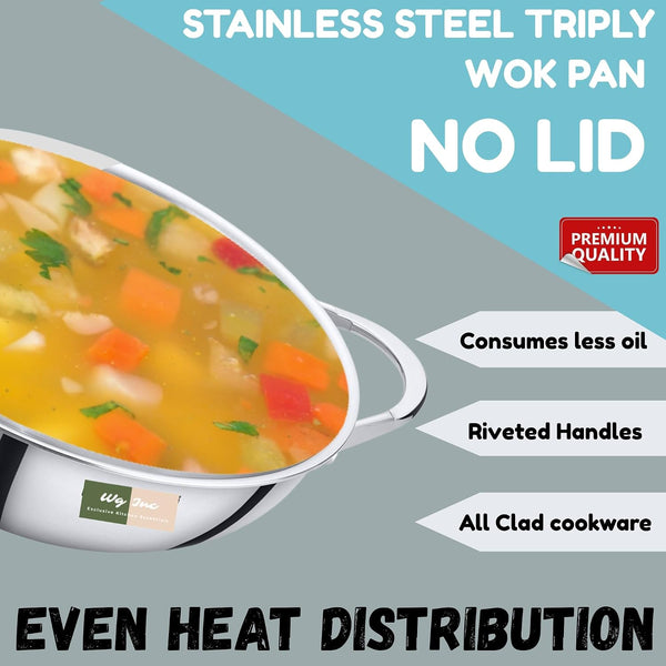 Stainless Steel Wok, Tri-Ply Wok Pan 12 Inch, Kadhai without Lid, Triply Non Stick Kadai Cookware, Wide & Deep Stir Fry Woks for Cooking, All Cooktops Compatible, Dishwasher Safe4