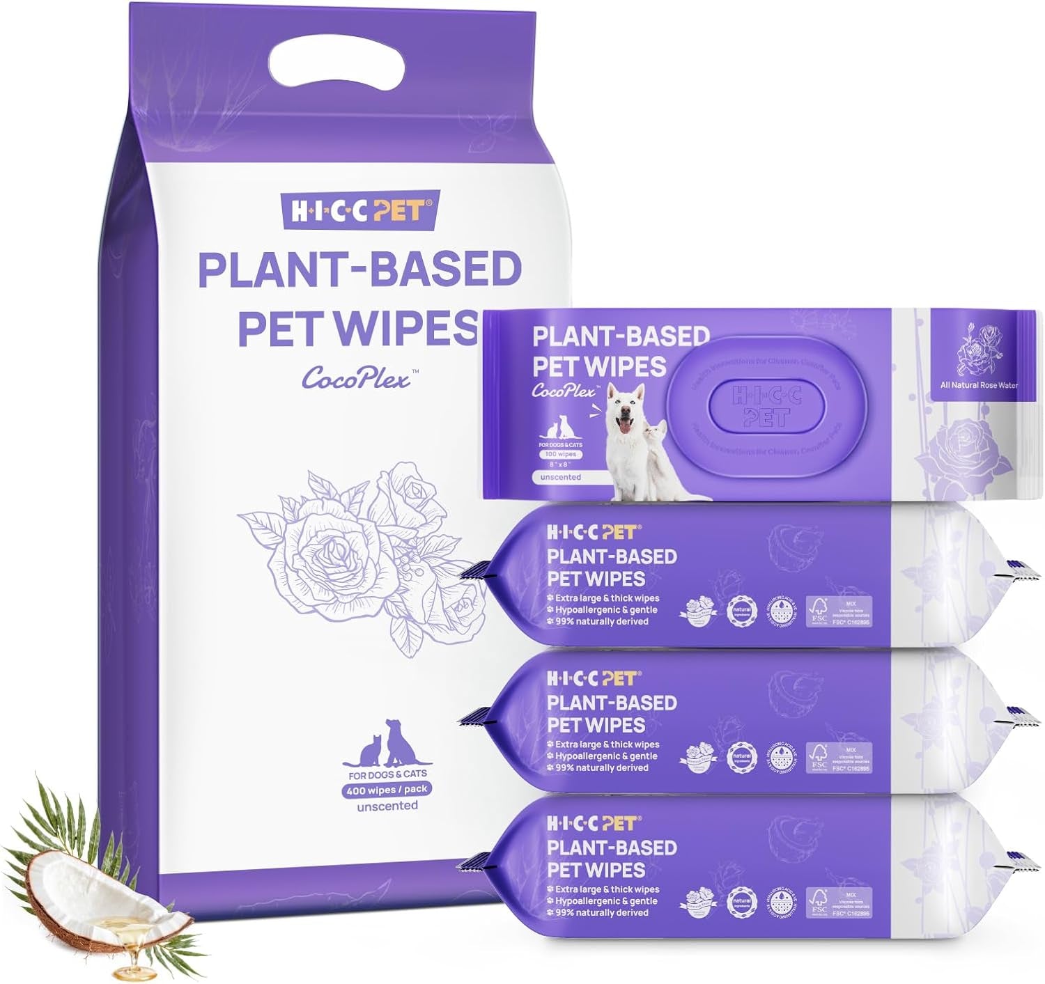 hicc-pet-pet-cleaning-wipes-for-dogs-cats-paws-coat-100-count-pearl-textured-with-fermented-coconut-oil-and-damask-rose-for-face-and-rear-end-cleaning-after-walks-or-between-baths