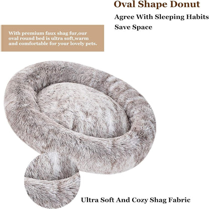 Coohom Oval Calming Donut Cuddler Dog Bed,Shag Faux Fur Cat Bed Washable round Pillow Pet Bed(30"/36"/43") for Medium Dogs (Xl(36"X27"X7"),Light Brown)2