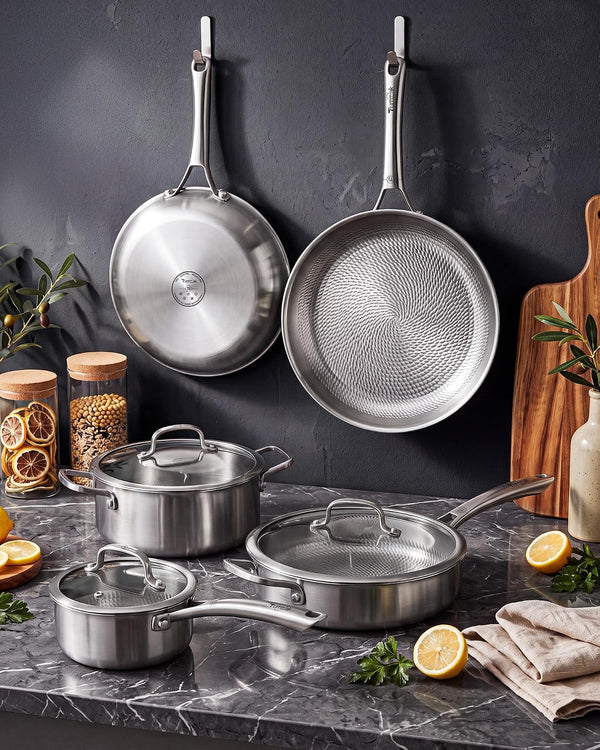 Titanium Cookware Set, 8 Piece Pots and Pans Set with Lid, Hammered Non-Stick Frying Pans, Pfas/Pfoa/Ptfe-Free, Dishwasher & Oven Safe, Compatible with Gas & Induction Cooktops3