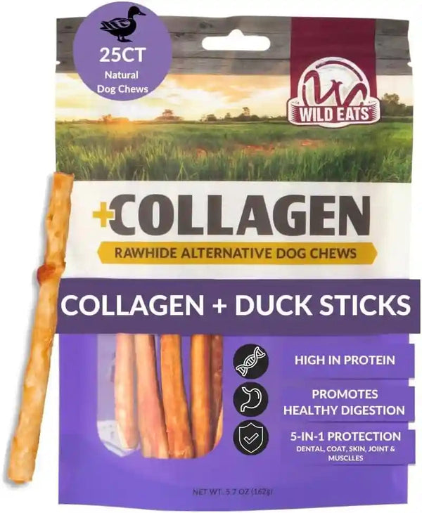 Wild Eats Real Duck Collagen Bully Sticks for Dogs, 25 Pack, Rawhide Free | No Hide Chew Treat Made without Grain, 5 Inch Size, High Protein, Satisfies Natural Gnawing Urges, Suits All Breeds1