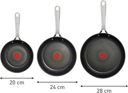 X Jamie Oliver Nonstick Coated Stainless Steel Pans 8", 9.5" & 11", Frypan Set Induction Compatible, Oven Safe up to 500°F, Chef'S Stainless Steel Skillet, Frying Pan, Silver | 3 Frying Pans 7.9/9.4/11 Inch, Titanium Non-Stick Coating, Suitable for Induction, Thermo-Signal, Riveted Handle8