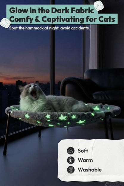 Elevated Cat Bed, Glow-In-The-Dark Fabric Cat Hammock Bed for Large Indoor Cats, Machine Washable & Breathable Cover, Tool Free Easy Assembly, up to 66Lbs (Gray, L)2