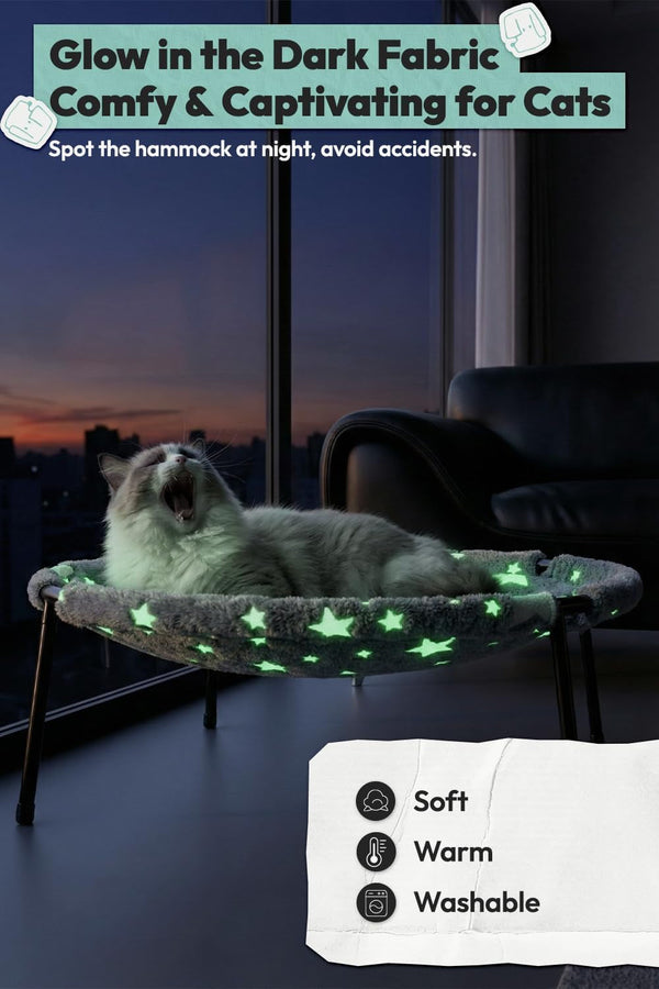 Elevated Cat Bed, Glow-In-The-Dark Fabric Cat Hammock Bed for Large Indoor Cats, Machine Washable & Breathable Cover, Tool Free Easy Assembly, up to 66Lbs (Gray, L)2