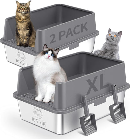 2PACK Stainless Steel Cat Litter Box with High Sides Lid, Extra Large XL Litter Box for Big Cats, Metal Kitty Litter Boxes with Anti-Leakage Enclosure,Non-Stick,Odorless,Scoop Included1