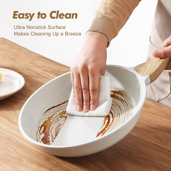 Ceramic Nonstick Frying Pan Skillets, White (8+11Inch with Lid) | Healthy Ceramic Nontoxic Coating, PTFE & PFAS Free. Compatible with All Stoves Including Induction Cooktops. Easy to Clean.4