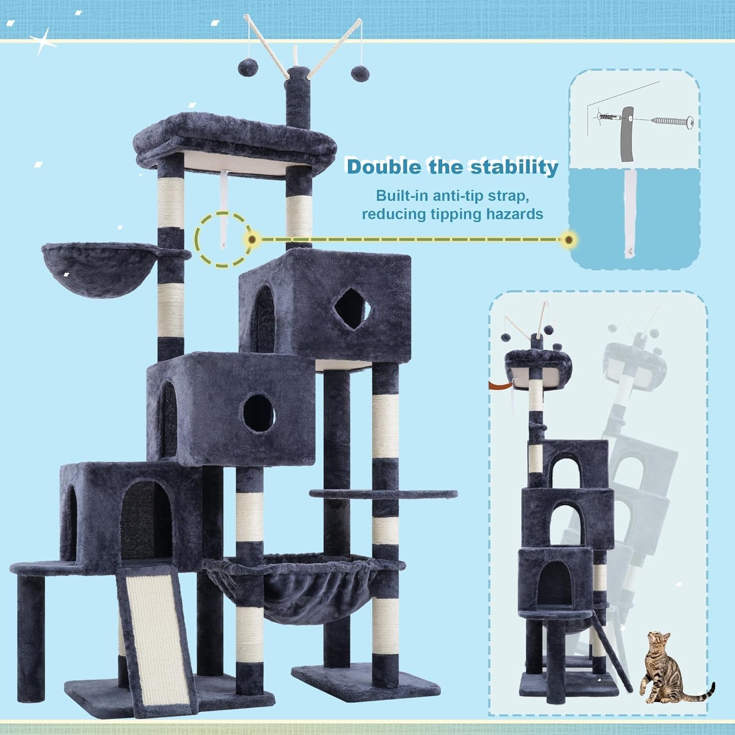 hey-brother-cat-tree-tower-with-3-condos-step-climbing-pathway-mpj081g-74-8-inches-scratching-post-with-3-house-hammock-large-basket-cozy-bed-sisal-board-toys-for-big-indoor-cats-smoky-gray