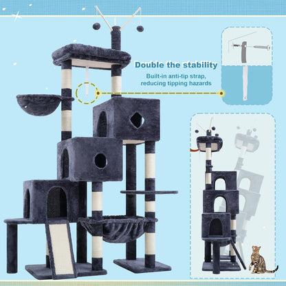 Hey-Brother Cat Tree Tower with 3 Condos, Step Climbing Pathway MPJ081G | 74.8 Inches Scratching Post with 3 House, Hammock, Large Basket, Cozy Bed, Sisal Board, Toys for Big Indoor Cats, Smoky Gray7