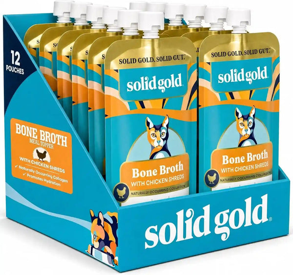 Solid Gold Bone Broth Cat Food Topper - Limited Ingredient Lickable Cat Broth Pouches W/Salmon Protein Shreds & Collagen for Hydration & Gut Support - Easy to Serve Gravy for Cats Meal Topper - 12Ct10