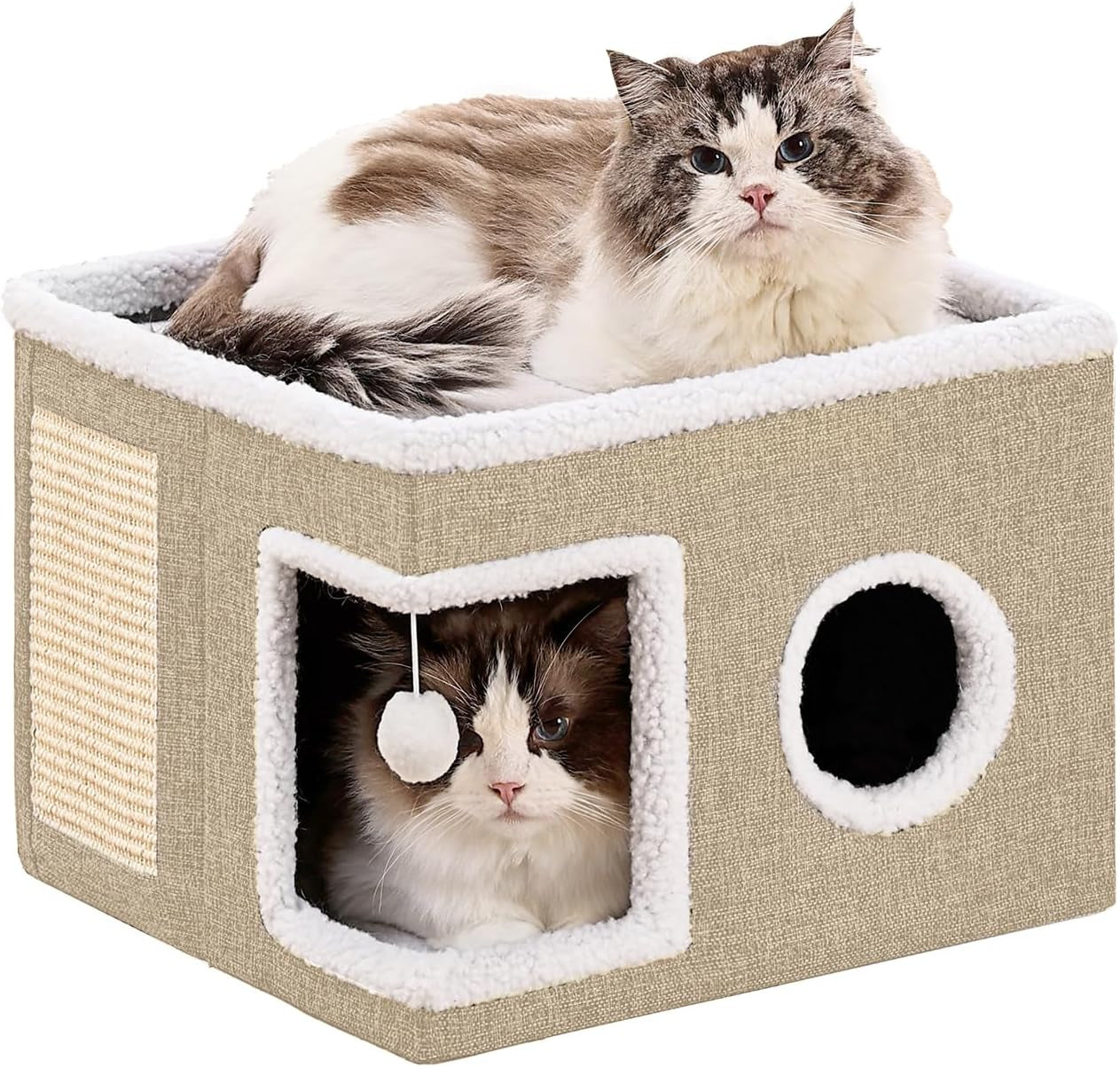 large-cat-houses-for-indoor-cats-with-fluffy-ball-and-scratch-pad-foldable-cat-bed-cave-for-multiple-pets-kitten-bed-for-all-seasons-non-slip-hold-up-to-30lbs-16x16x13inch-grey