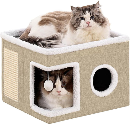 Large Cat Houses for Indoor Cats with Fluffy Ball and Scratch Pad | Foldable Cat Bed Cave for Multiple Pets, Kitten Bed for All Seasons, Non-Slip, Hold up to 30LBS, 16X16X13Inch, Grey8