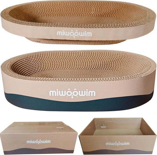 Miwoowim 3-Piece Cat Scratcher Set, Oval Bowl Nest for Indoor Cats | 2 Oval Bed &1 Box for Scratching & Lounging,Durable round Corrugated Cardboard Pad & Catnip Toy.Furniture Protector for Couch1