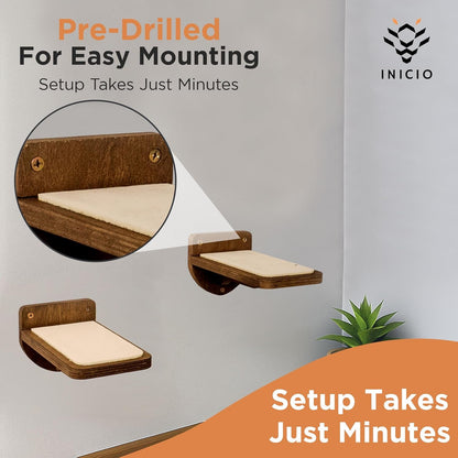 INICIO Cat Wall Stairs - Set of 3 Wall Steps for Cats to Climb with Fixtures, 8.7"X4.7" - Floating Steps for Climbing or Playing - for Kittens and Adult Cats, Dark Brown4