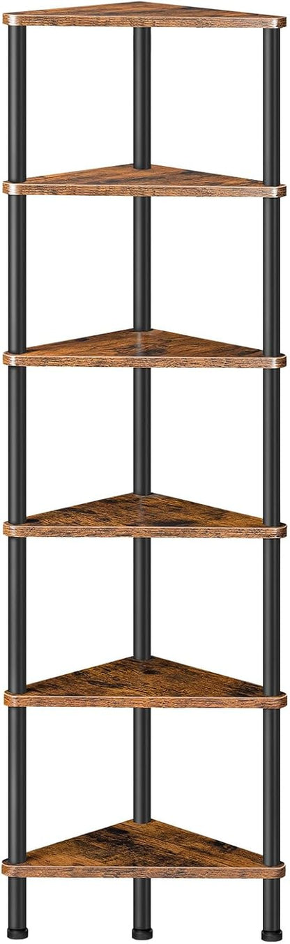 Corner Shelf Stand, Industrial 6-Tier Wall Corner Bookshelf with Metal Frame, Plant Display Shelf, Bookcase for Small Spaces, Bedroom, Living Room, Rustic Brown BF36CJ011