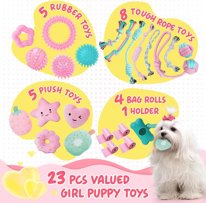 XIUGOAL Pink Puppy Toys for Boredom - 23 Pack Puppy Chew Toys for Teething, Interactive Dog Toys for Puppies, Cute Small Dog Toys with Treat Ball, Squeaky Dog Chew Toys and Ropes3