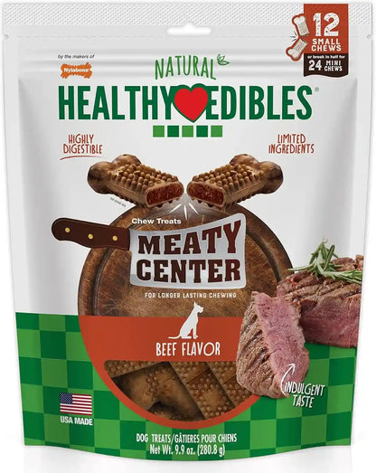 Nylabone Healthy Edibles Meaty Center Dog Treats, Beef Flavor, 12 Count | Natural Dog Chew Bones, Made in USA, Highly Digestible, Help Clean Teeth, Long Lasting Chews for Small Dogs up to 25 Lbs1
