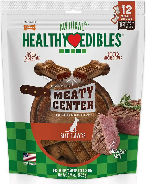 Nylabone Healthy Edibles Meaty Center Dog Treats, Beef Flavor, 12 Count | Natural Dog Chew Bones, Made in USA, Highly Digestible, Help Clean Teeth, Long Lasting Chews for Small Dogs up to 25 Lbs1