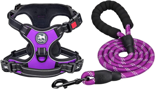 Poypet No Pull Dog Harness and 5 Feet Leash Set, Release on Neck Reflective Adjustable Pet Vest, Front & Back 2 D-Ring and Soft Padded Pet Harness with Handle for Small to Large Dogs(Grey,L)8