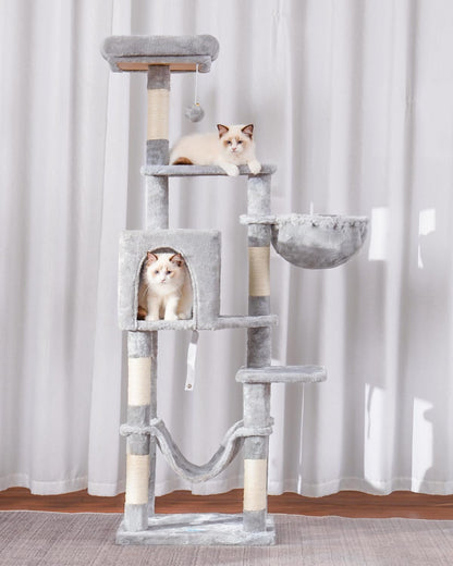Hey-Brother Cat Tree with Large Hammock, Multi-Level Cat Tower for Indoor Cats, Cat Condo with Sisal-Covered Scratching Posts and Top Perch, Light Gray MPJ050W6