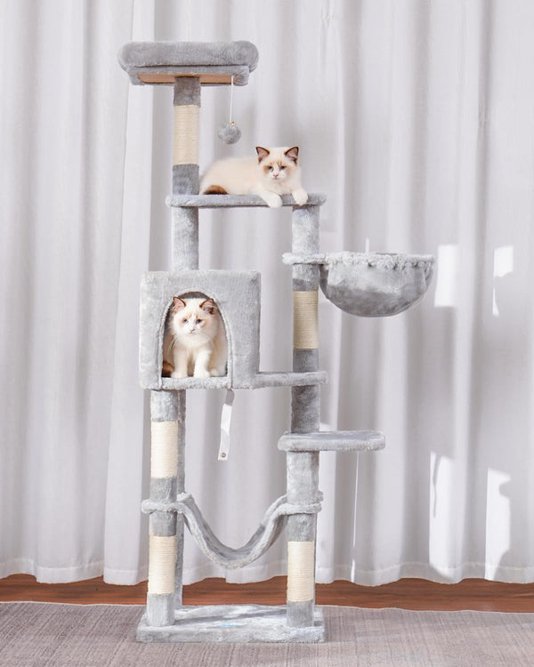 Hey-Brother Cat Tree with Large Hammock, Multi-Level Cat Tower for Indoor Cats, Cat Condo with Sisal-Covered Scratching Posts and Top Perch, Light Gray MPJ050W6