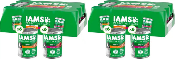 IAMS Proactive Health Pack Wet Dog Food, Beef & Chicken, 13 Oz, 12 Pack | Chunks in Gravy, Omega 6 Fatty Acids, Supports Healthy Skin, Muscles & Digestion, 13 Oz. Cans, No Artificial Flavors13