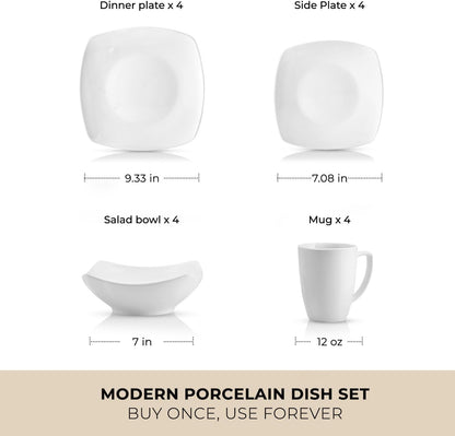Luna Plates and Bowls Sets, 16 Piece Modern Porcelain Dish Set for 4, Chip and Scratch Resistant Square Dinnerware Set, Microwave and Dishwasher Safe, Pearl White3