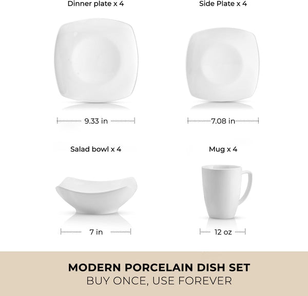 Luna Plates and Bowls Sets, 16 Piece Modern Porcelain Dish Set for 4, Chip and Scratch Resistant Square Dinnerware Set, Microwave and Dishwasher Safe, Pearl White3