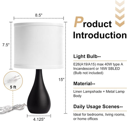 Farmhouse Style Table Lamp, Bulb Not Included, Pack of 1, Black | Decor Desk Lamp for Bedroom Nightstand Living Room, White Linen Cylinder Lampshade with Black Solid Metal Droplet Base3