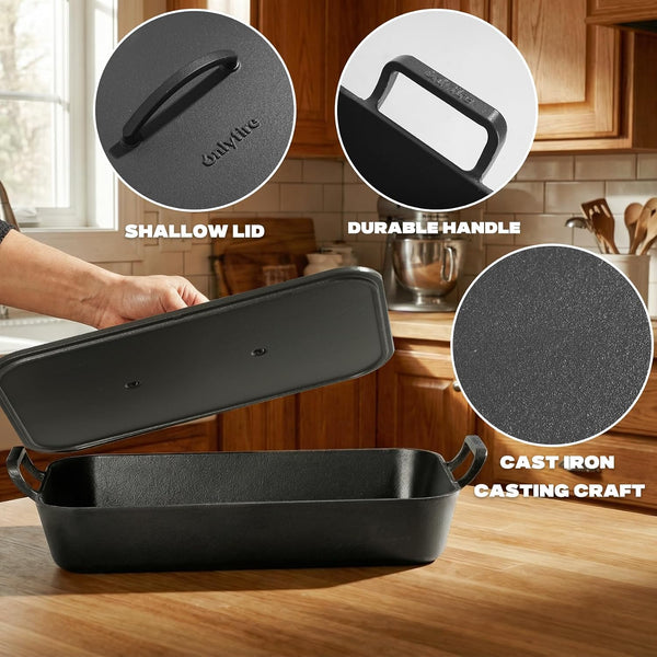Cast Iron Dutch Oven Casserole Dish, 16.5"X10.5"X7" | with Skillet Lid & Handle, for Induction, Gas Oven, Baking Pan Griddle Pot Set for Stewing, Searing and Bread Baking3
