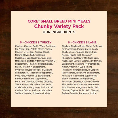 Wellness CORE Small Breed Mini Meals Shredded Variety Pack Adult Wet Dog Food, Grain Free, Natural, 3 Oz, Pack of 126
