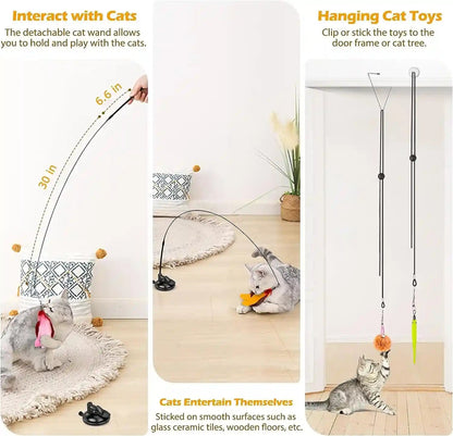 Cat Toys, 2 Pack 3 in 1 Interactive Cat Toy for Indoor Cats with Sticky Super Suction Cup Detachable 10 Pcs Replacements Feathers Balls Mice 2 Wand Hanging Door Kitten Toys2