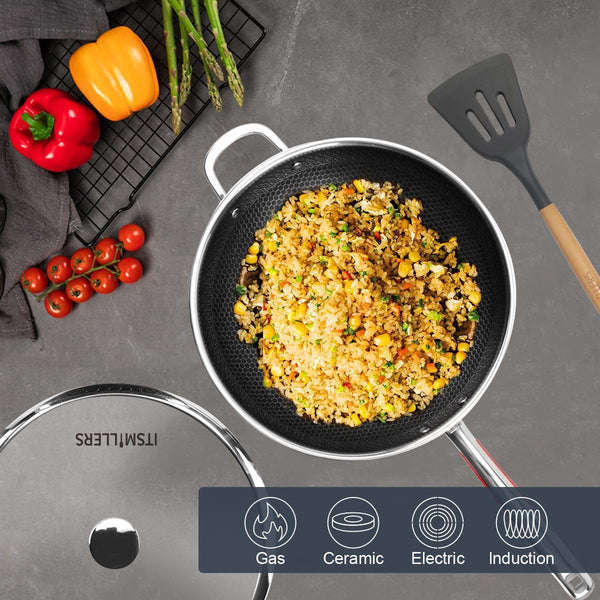Tri-Ply Stainless Steel Wok with Lid, 13.5'' PFOA Free Nonstick Stir Fry Pan, Induction Compatible, Dishwasher and Oven Safe, Scratch-Resistant Surface2